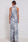 Robe longue de demoiselle d’honneur à fleurs bleu poussiéreux en gaine à dos nus