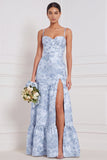 Robe longue de demoiselle d’honneur fleurie A-Line bleu clair avec fente