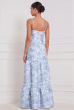 Robe longue de demoiselle d’honneur fleurie A-Line bleu clair avec fente