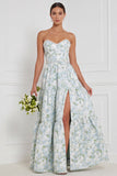 Robe longue de demoiselle d’honneur sans bretelles en perles en fleurs bleu-blanc en ligne A-line avec fente devant