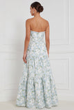 Robe longue de demoiselle d’honneur sans bretelles en perles en fleurs bleu-blanc en ligne A-line avec fente devant