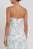 Robe longue de demoiselle d’honneur sans bretelles en perles en fleurs bleu-blanc en ligne A-line avec fente devant