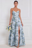 Robe longue de demoiselle d’honneur sans bretelles en perles en fleurs bleu-blanc en ligne A-line avec fente devant