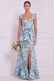 Longue robe de demoiselle d’honneur avec un nœud sirène fleuri bleu poussiéreux