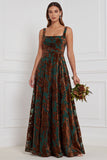 Robe longue de demoiselle d'honneur en velours marron à col carré