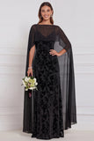 Robe longue de demoiselle d'honneur en velours brûlé noir à col V avec cape