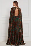 Robe longue de demoiselle d'honneur en velours brûlé noir à col V avec cape