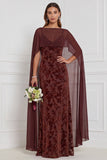 Robe longue de demoiselle d'honneur en velours brûlé noir à col V avec cape