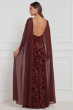 Robe longue de demoiselle d'honneur en velours brûlé noir à col V avec cape