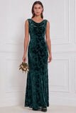 Robe longue de demoiselle d'honneur olive fourreau à col drapé en velours brûlé