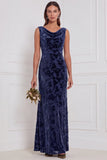 Robe longue de demoiselle d'honneur olive fourreau à col drapé en velours brûlé