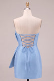 Robe courte de bal de rentrée bleu royal bodycon bretelles avec nœud oversize devant