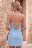 Robe courte de bal de rentrée bleu royal bodycon bretelles avec nœud oversize devant