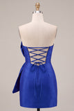 Robe courte de bal de rentrée bleu royal bodycon bretelles avec nœud oversize devant