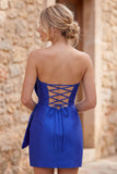 Robe courte de bal de rentrée bleu royal bodycon bretelles avec nœud oversize devant