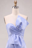 Robe courte de bal de rentrée bleu clair en satin sans bretelles avec un nœud
