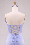 Robe courte de bal de rentrée bleu clair en satin sans bretelles avec un nœud