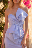 Robe courte de bal de rentrée bleu clair en satin sans bretelles avec un nœud