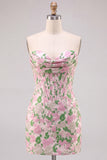 Corset bodycon Jacquard sans bretelles rose fleuri Mini robe de rentrée