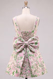 Robe courte de bal à la maison avec un gros nœud dorsal en brocart fleuri A-Line