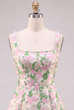 Robe courte de bal à la maison avec un gros nœud dorsal en brocart fleuri A-Line