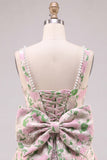 Robe courte de bal à la maison avec un gros nœud dorsal en brocart fleuri A-Line