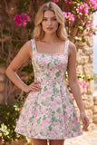 Robe courte de bal à la maison avec un gros nœud dorsal en brocart fleuri A-Line