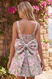 Robe courte de bal à la maison avec un gros nœud dorsal en brocart fleuri A-Line