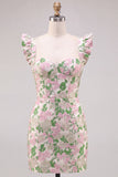 Mini robe de rentrée à la maison à manches flottantes rose fleurie de jacquard