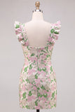 Mini robe de rentrée à la maison à manches flottantes rose fleurie de jacquard