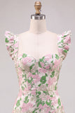 Mini robe de rentrée à la maison à manches flottantes rose fleurie de jacquard