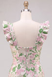 Mini robe de rentrée à la maison à manches flottantes rose fleurie de jacquard