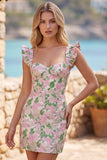 Mini robe de rentrée à la maison à manches flottantes rose fleurie de jacquard