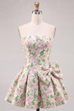Robe de rentrée rose A-Line sans bretelles florale Jacquard Short Homecoming avec nœud