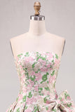 Robe de rentrée rose A-Line sans bretelles florale Jacquard Short Homecoming avec nœud