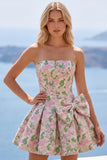 Robe de rentrée rose A-Line sans bretelles florale Jacquard Short Homecoming avec nœud