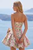Robe de rentrée rose A-Line sans bretelles florale Jacquard Short Homecoming avec nœud