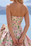 Robe de rentrée rose A-Line sans bretelles florale Jacquard Short Homecoming avec nœud