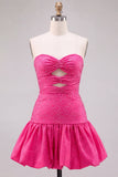 Robe courte de rentrée à la maison en fuchsia, découpe sans buses, ligne en A, avec ourlet à volants