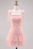 Robe courte de rentrée à la maison en tule perlé en tulle rose à étages avec perles