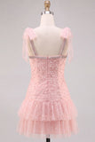 Robe courte de rentrée à la maison en tule perlé en tulle rose à étages avec perles