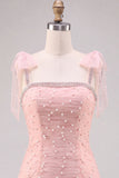 Robe courte de rentrée à la maison en tule perlé en tulle rose à étages avec perles