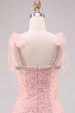 Robe courte de rentrée à la maison en tule perlé en tulle rose à étages avec perles