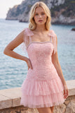 Robe courte de rentrée à la maison en tule perlé en tulle rose à étages avec perles