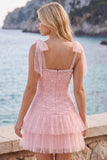 Robe courte de rentrée à la maison en tule perlé en tulle rose à étages avec perles