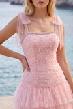 Robe courte de rentrée à la maison en tule perlé en tulle rose à étages avec perles
