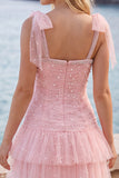 Robe courte de rentrée à la maison en tule perlé en tulle rose à étages avec perles
