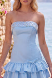 Robe courte de rentrée à étages à étages en perles roses, perle de perles roses, ligne A, à niveaux et volants
