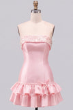 Robe courte de rentrée à étages à étages en perles roses, perle de perles roses, ligne A, à niveaux et volants