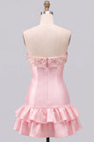 Robe courte de rentrée à étages à étages en perles roses, perle de perles roses, ligne A, à niveaux et volants